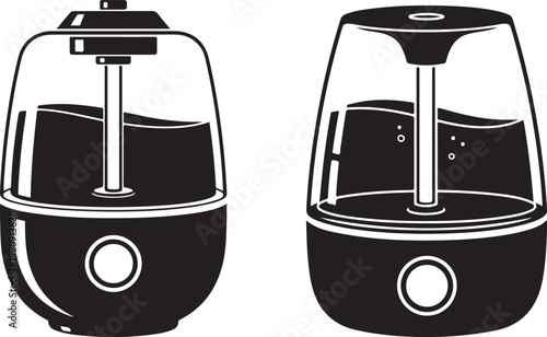 Two ultrasonic humidifiers with water inside, one in operation with mist, concept of air quality, comfort at home or healthy environment, graphic illustration