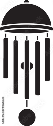 Wind chime silhouette for garden decoration and relaxation therapy showing musical tubes and hanging bell design isolated on transparent background illustration.