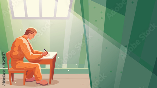Inmate Writing Letter Scene Vector Illustration o