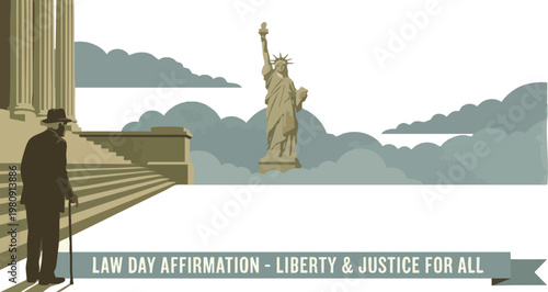 Law Day Principles Senior Man Reflecting on Liberty and Justice Near Courthouse Steps