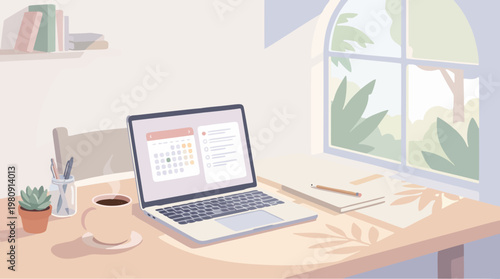 Minimal illustration of a peaceful morning workspace with coffee and laptop, symbolizing productivity, routine, and focus in a clean modern style.