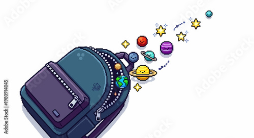 Pixel art illustration of a backpack with planets, stars, and space elements emerging from its open zipper, symbolizing imagination and discovery.