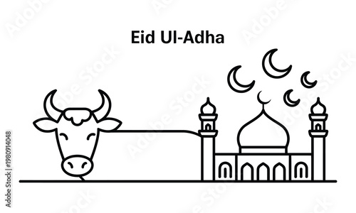Eid UlAdha celebration with mosque and cow illustration, vector 
