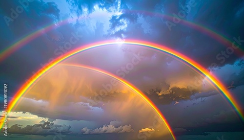 Vibrant double rainbow arching over stormy sky with dramatic clouds at sunset