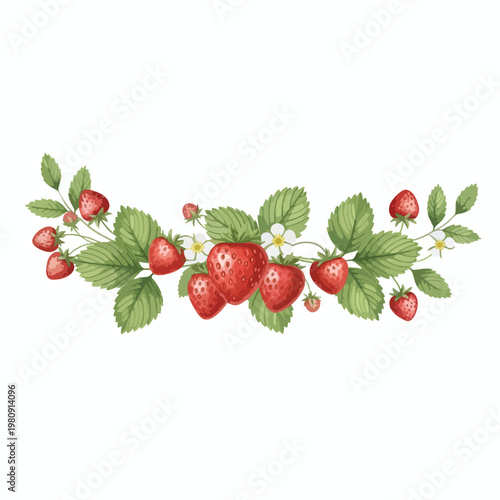Fresh Strawberry Branch with Ripe Fruit and Green Leaves on White Background