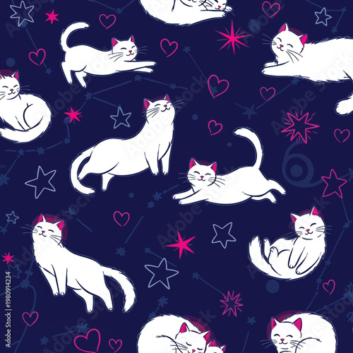 Whimsical Pattern of Playful Cats with Hearts and Stars for Creative Design Projects