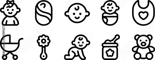 Cute baby icon set collection with newborn elements stroller toy pacifier bottle teddy bear minimal outline vector illustration