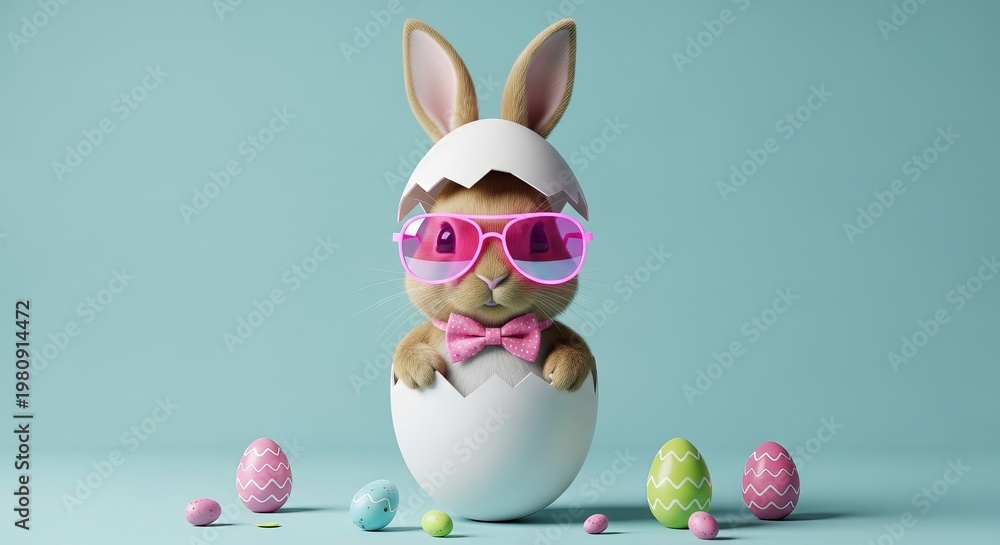 Fototapeta premium Funny Easter bunny with pink sunglasses and bow tie in eggshell on a turquoise blue background