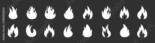 Fire flame symbol pack, burn and heat icons, hot energy blaze shapes, ignition and danger elements, editable vector collection 