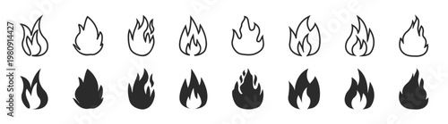 Fire flame icon set, burn and heat symbols, hot energy blaze shapes, ignition and danger elements on transparent background