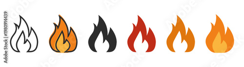Fire flame symbol pack, burn and heat icons, hot energy blaze shapes, ignition and danger elements, editable vector collection on transparent background