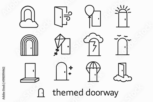 Surreal Sky Doorways. Surreal sky-themed doorways. Line outline icon set of surreal sky-themed doorways: