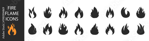 Fire flame icon set, burn and heat symbols, hot energy blaze shapes, ignition and danger elements on transparent background