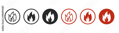 Fire flame icon set in circle style, burn and heat symbols, hot energy blaze shapes, ignition and danger elements on transparent background