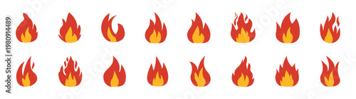 Fire flame icon set, burn and heat symbols, hot energy blaze shapes, ignition and danger elements on transparent background