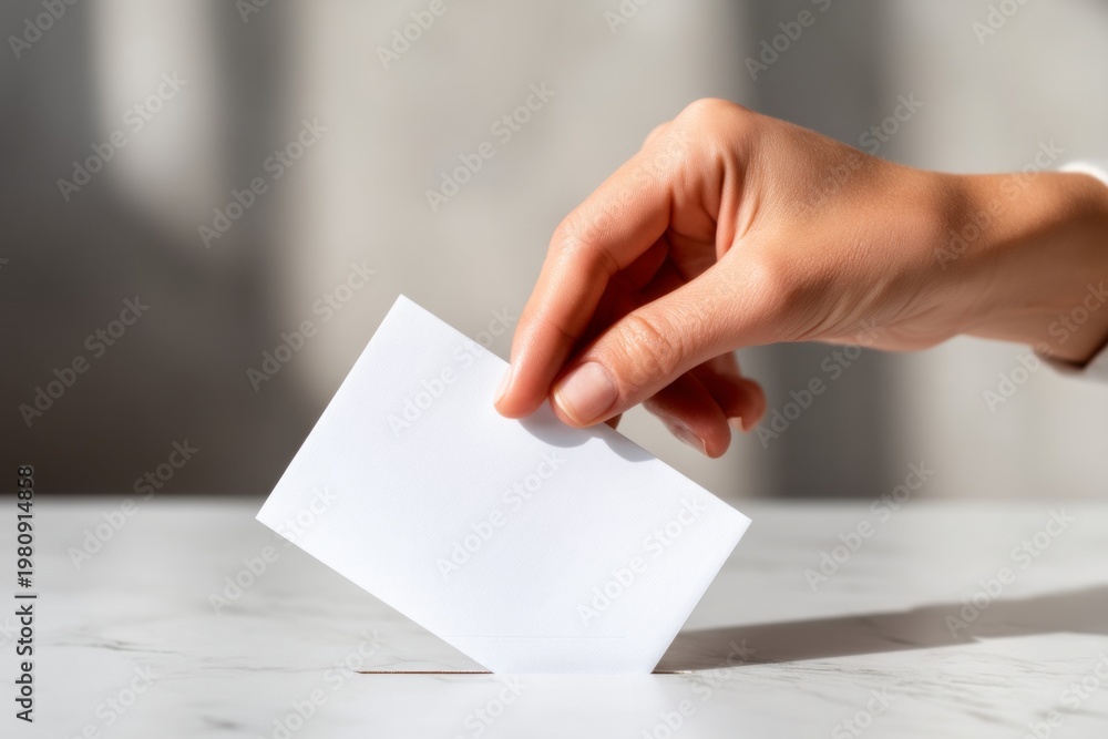 Obraz premium Minimalist Scene of Hand Casting a Blank Ballot in a Low Light Environment