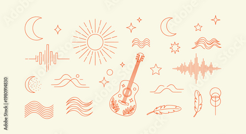 Minimalist Boho Celestial and Music Line Art Vector Icons with Sun Moon Stars Guitar and Waves