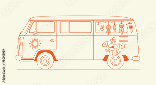 Orange line art of a vintage camper van with retro boho hippy style elements for summer road trips