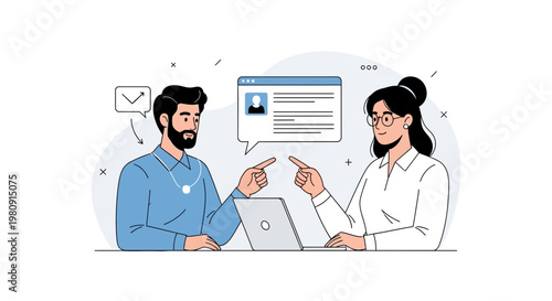 Teamwork and collaboration: Two professionals discussing a project on a laptop.