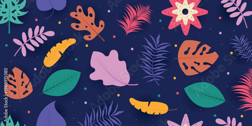 Tropical flowers and palm leaves background