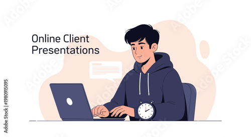 Young man presenting online client project on laptop, time management concept