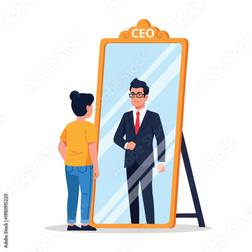 Businesswoman Facing Mirror Reflection of Confident Entrepreneur in Modern Office Setting