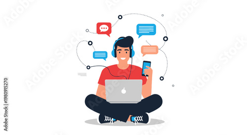 Young man with headphones using laptop and phone, communication concept
