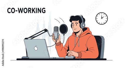 Young man with headphones recording podcast in co-working space with laptop and microphone