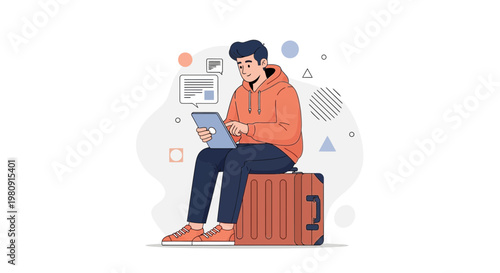 Young man with laptop sitting on suitcase, travel and remote work concept