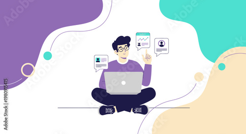 Young man with laptop, choosing profile or career options, online job search concept