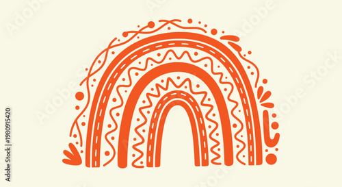 Orange Boho Rainbow Illustration with Hand-Drawn Folk Patterns and Dots for Modern Nursery Decor Art