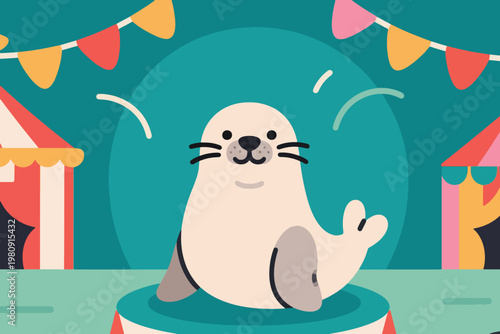 Seal performing on circular stage under colorful circus tents with festive pennant banners, vector illustration.
