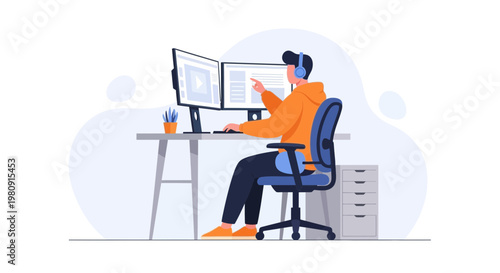 Young man working on dual monitors, wearing headphones, focused on coding or design