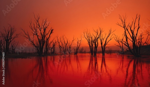 Cinematic photograph of fallen trees in a landscape at sunset with vibrant orange sky and reflections in water