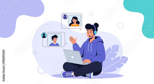 Young person video calling friends on laptop, remote communication, online chat