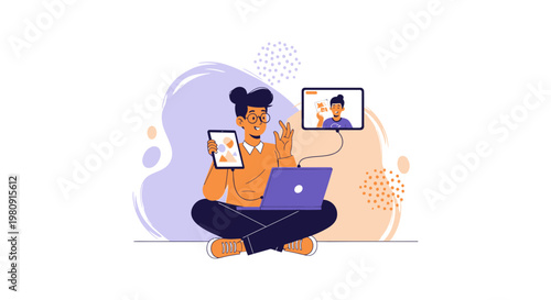 Young person using laptop and tablet for video call, remote work, online communication