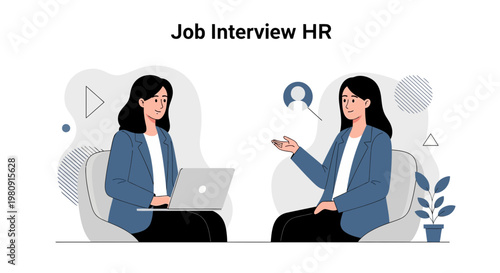 Job Interview HR: Two Women Discussing Career Opportunities with Laptop and Plant