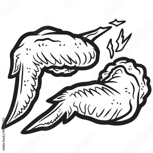Cartoon chicken wings line art illustration with steam for fast food restaurant menu and sticker design