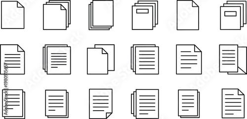 Minimalist Document and File Icon Set Featuring Paper Sheets, Folded Corners, Text Alignment, and Layered Page Outlines for Business, Office, and Digital Interface Designs
