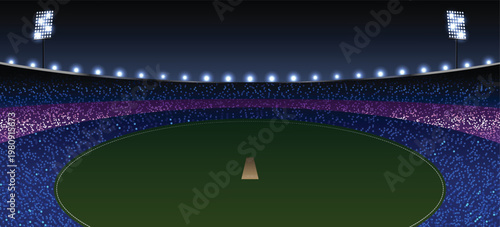 Vector illustration of a cricket stadium under night lighting.