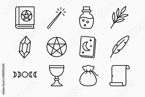 Witchcraft Icon Set. Witchcraft minimal graphic style. Line outline icon set of witchcraft minimal graphic