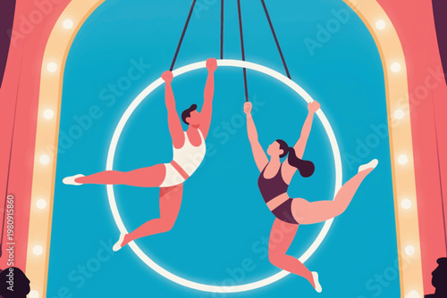 Two acrobats performing aerial hoop act under illuminated arch on bright blue stage, vector illustration.