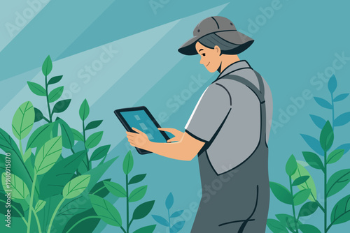 Monitoring Growth With Tablet Scene Vector Illust