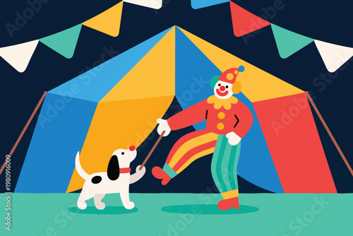 Clown in striped costume playing with spotted dog under colorful circus tent with festive flags, vector illustration.