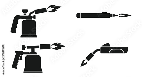 Black and white illustration of various blowtorch tools and flame designs