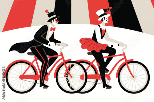 Two clowns riding red bicycles side by side under striped circus tent with bold graphic style, vector illustration.