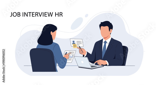 Job Interview HR: Candidate and Recruiter Discussing Resume and Laptop