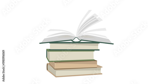 Stack of books with an open book on top, conceptualizing education, learning, reading, and knowledge acquisition.