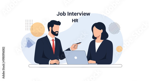 Job Interview HR: Man and Woman Discussing Career Opportunities with Laptop