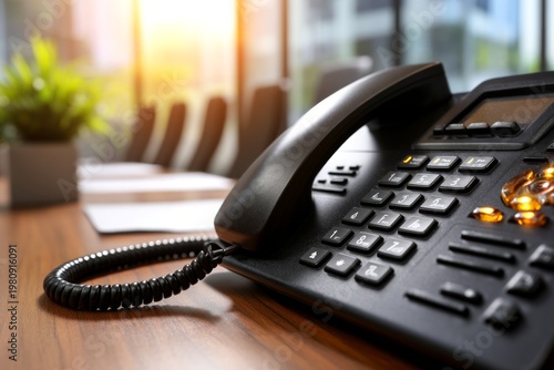 Office Conference Phone with Keypad and Faint Smudges on a Wooden Table During Daylight